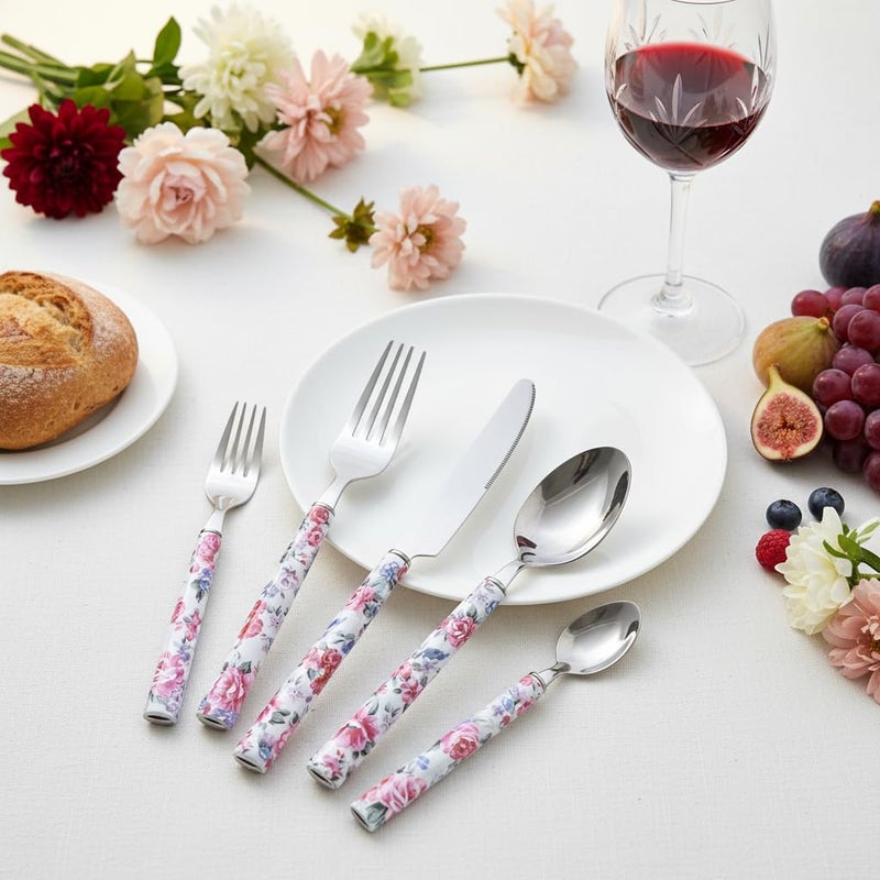 Pretihome Elegant Peony Flower 20-Piece Stainless Steel Flatware Set â€“ Durable, Modern Cutlery set, Service for 4 People, Perfect for Home, Weddings, Parties, and Everyday Use (Plastic Handle, Dishwasher Safe) - Image 2